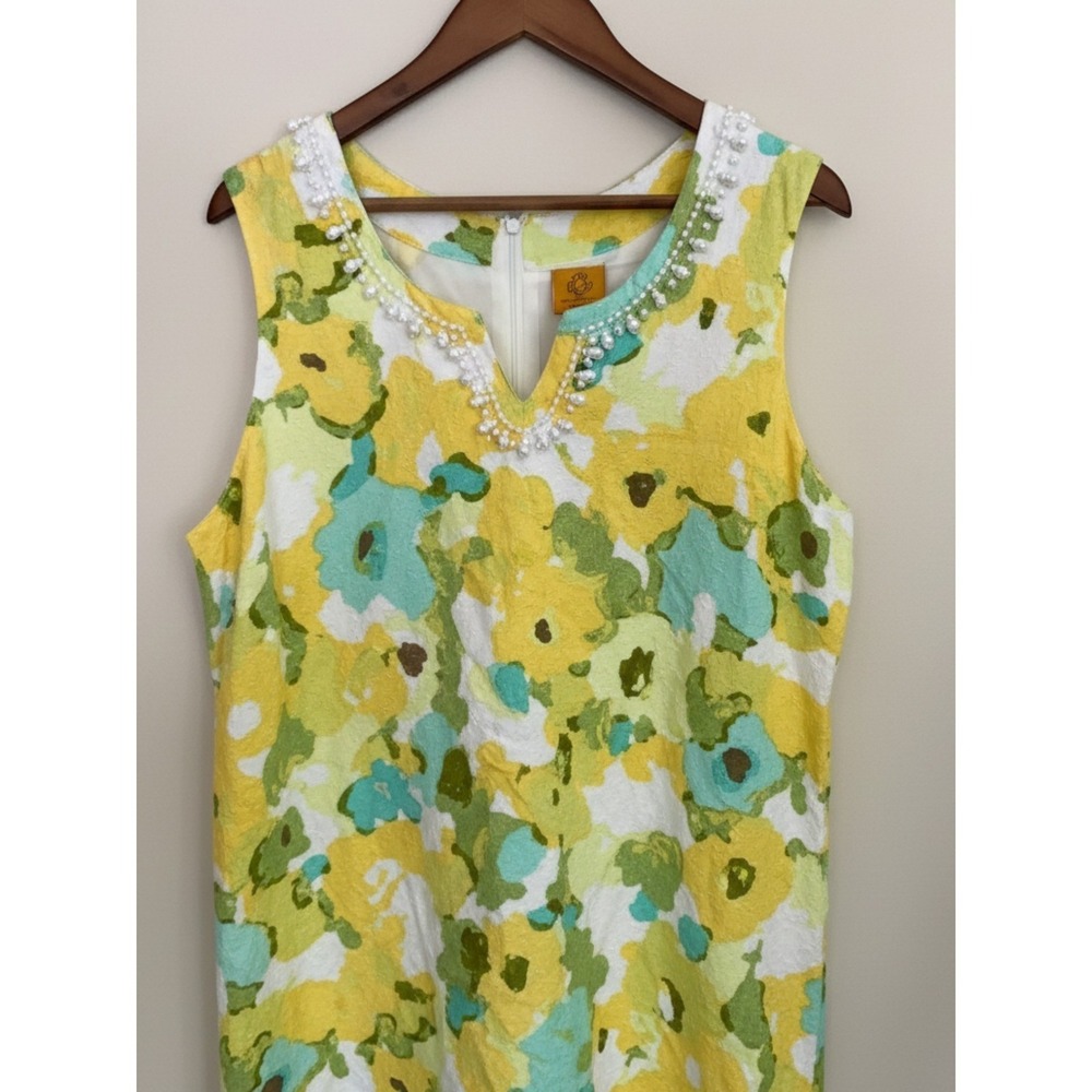 Ruby Rd   Linen Blend Shift Dress‎ Wearable Art Floral Beaded Neck Lined Size 16
